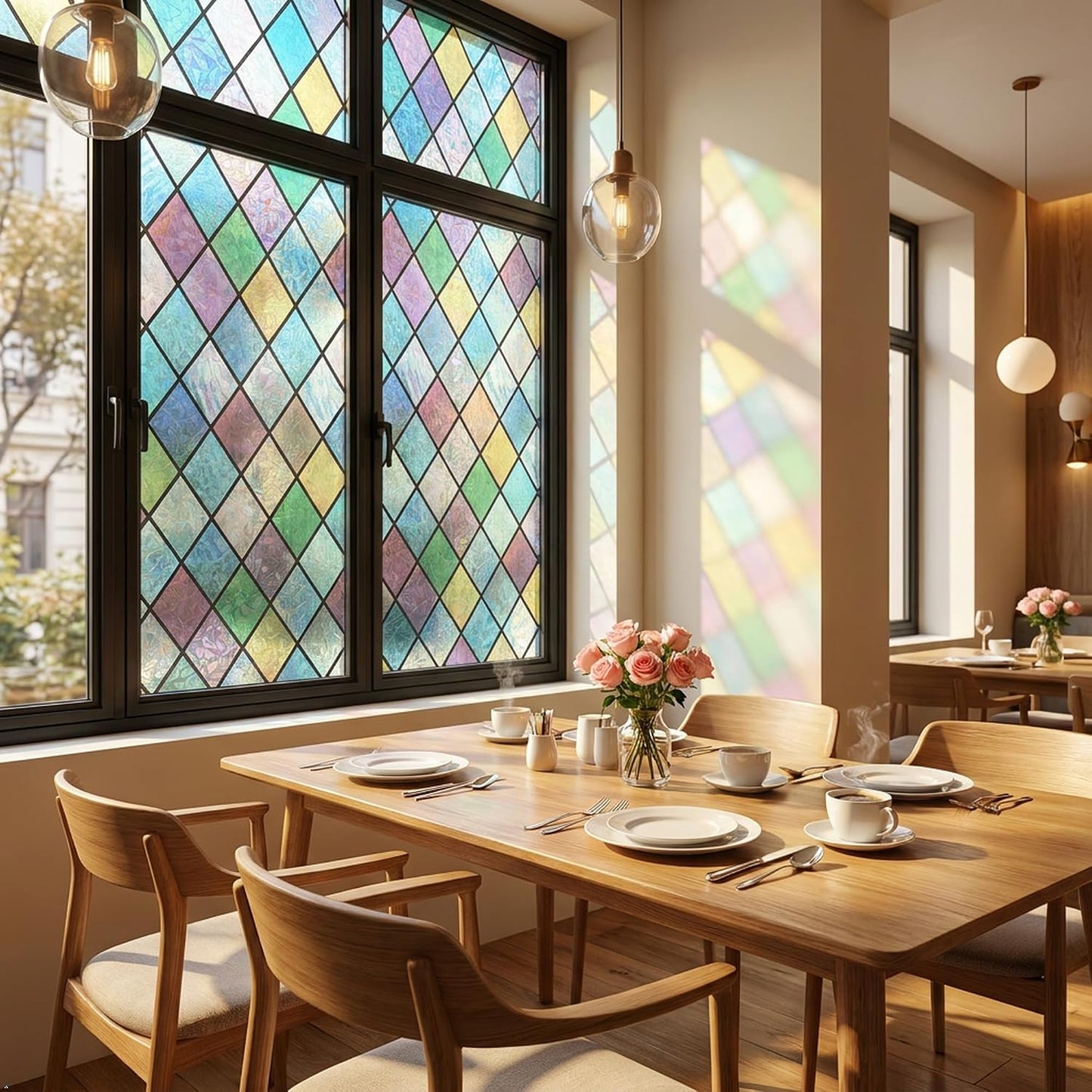 Stained Glass Window Film, Colorful Geometric Diamond, 17.5"x 78.7" | Blocks Clear View, Casts Soft Rainbow Light | Static Cling, No Glue, Residue-Free | UV Blocking, Reusable | For Home & Office