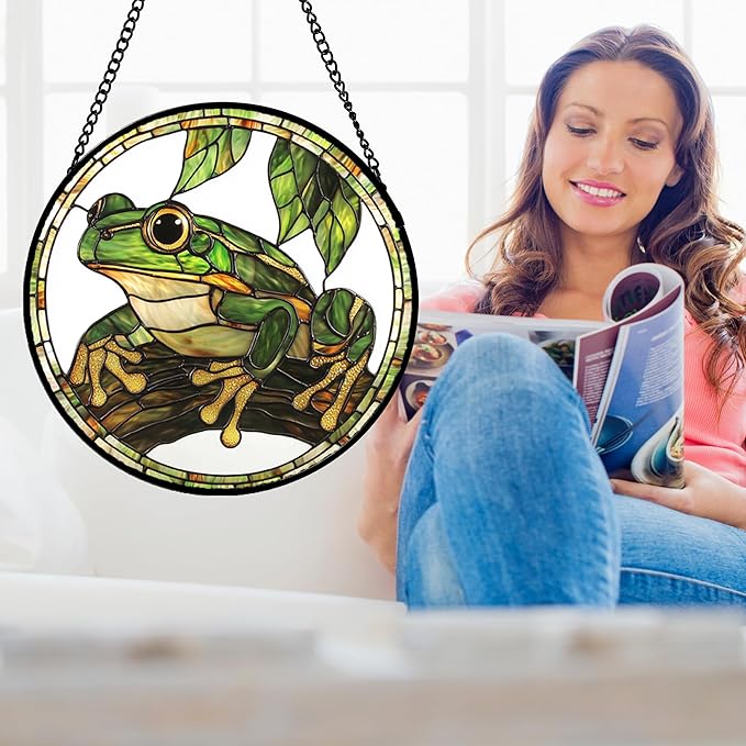 DASTOLL Stained Glass Window Hanging, Frog Green Leaf Sun Catchers Colorful - Image 2
