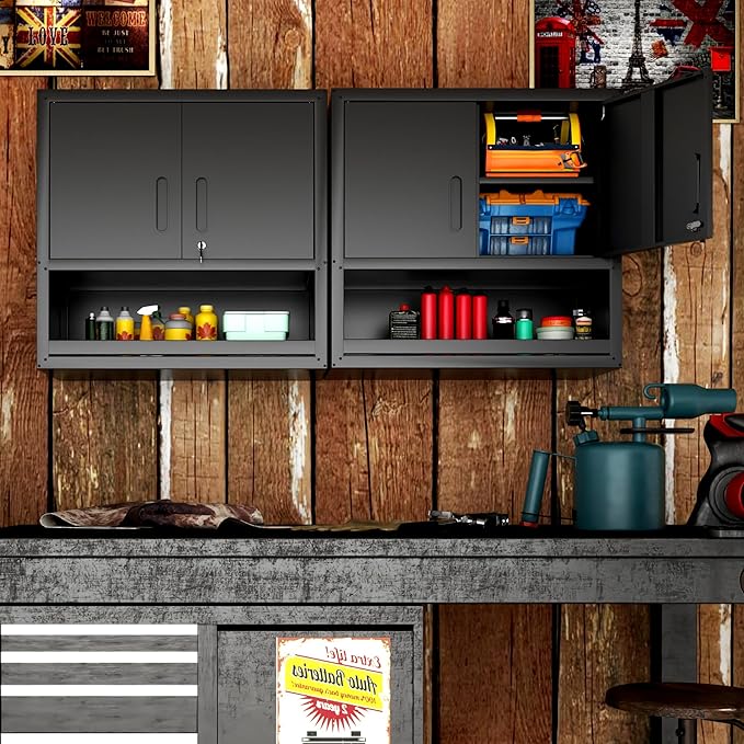 Garage Wall Cabinet with Doors and Shelves, Wall Mounted Metal Storage Cabinet - Image 5