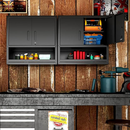Garage Wall Cabinet with Doors and Shelves, Wall Mounted Metal Storage Cabinet - Image 5