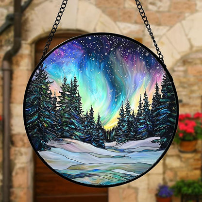 DASTOLL Stained Glass Window Hanging, Aurora Landscape Sun Catchers Glass Panel - Image 3