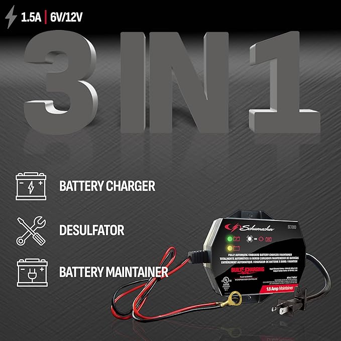 Schumacher Electric 1.5A Car Battery Charger and Maintainer, 3-in-1 Solution - Image 2