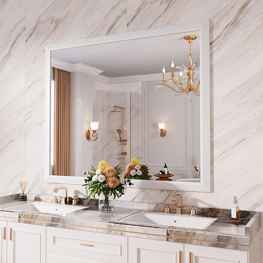 Amorho Bathroom Mirror, 48x40 Inch White Framed Bathroom Mirrors by Amorho