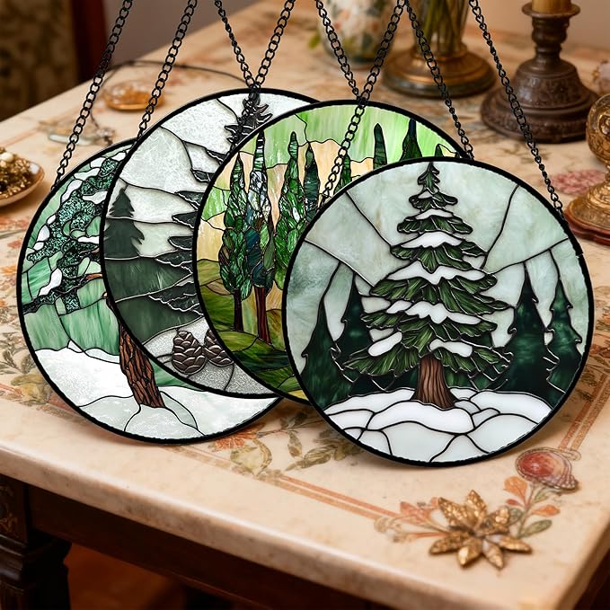 AMDERVEN Stained Glass Window Hanging 4 Pcs Set Forest Green Trees Winter Snow - Image 2