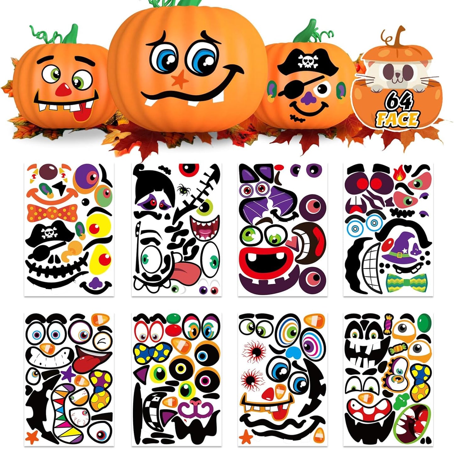 Halloween Pumpkin Face Stickers Halloween Pumpkin Decorating Stickers | 64 Pack Large Pumpkin Craft Stickers for Kids Toddlers Make Jack-O-Lantern Face Decals for Pumpkins and Squashes