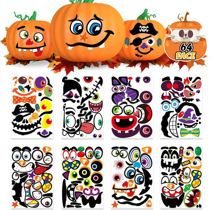 Halloween Pumpkin Face Stickers Halloween Pumpkin Decorating Stickers | 64 Pack Large Pumpkin Craft Stickers for Kids Toddlers Make Jack-O-Lantern Face Decals for Pumpkins and Squashes