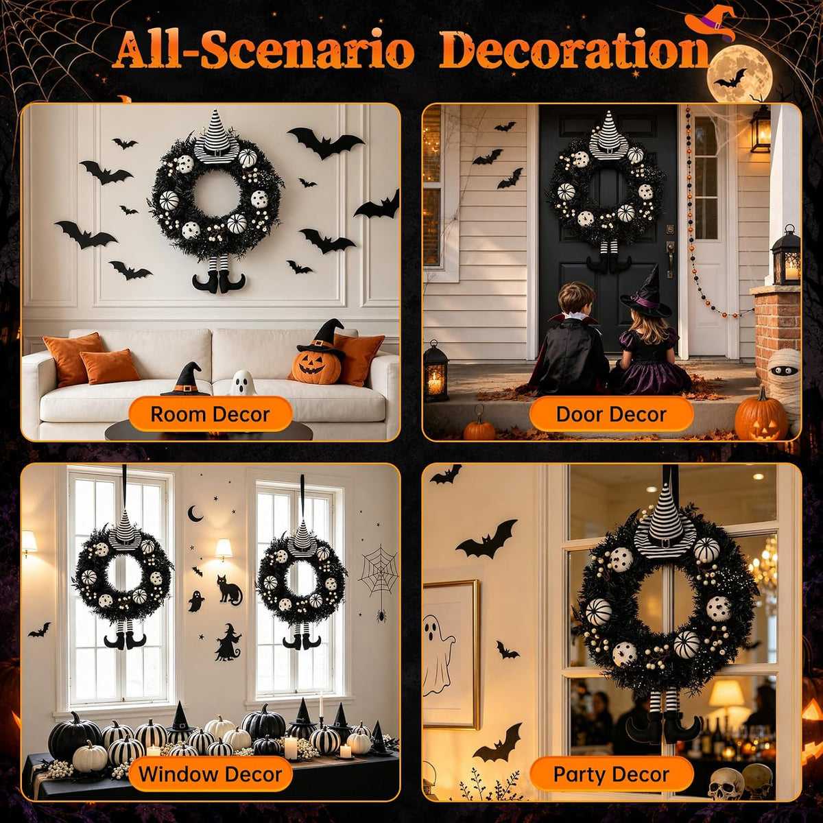 Yangrass 24" Spooky Halloween Wreath for Front Door with Witch Hat &...