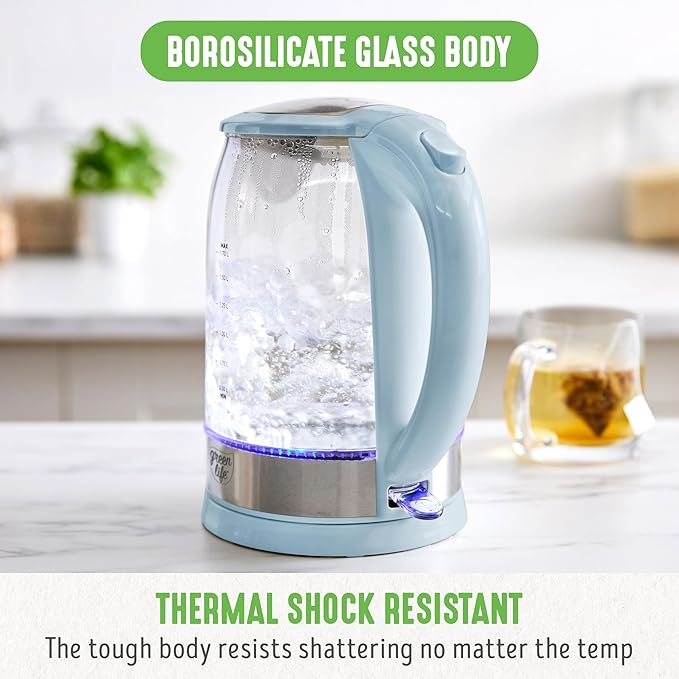 GreenLife 1.7 Liter Glass Electric Kettle, Easy One Touch Use, Quick Heating - Image 5