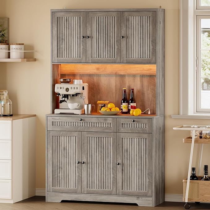 Pantry Cabinet with Charging Station and Light, Tall Kitchen Pantry Storage by BORNOON