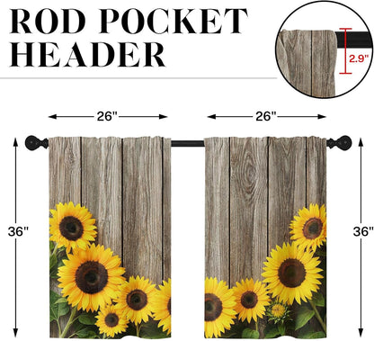 Sunflower Kitchen Curtains 36 Inch Length Farmhouse Window Short Tier Curtains Over Sink Set of 2, Wooden Board Flower Summer Vintage Small Kitchen Decor 26x36 Inch