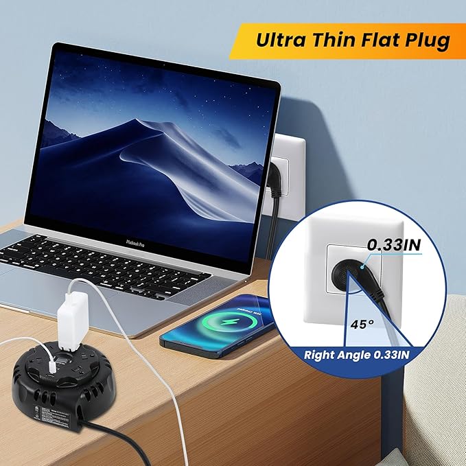 10ft Flat Plug Surge Protector Power Strip, Retractable Extension Cord - Image 6