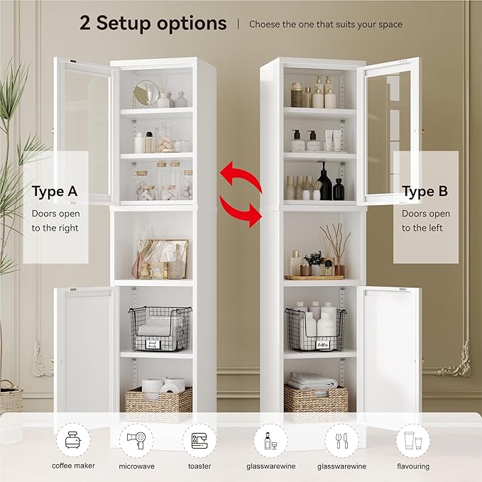 Metal Storage Cabinet with Glass Door, Tall Slim Pantry Organizer with 3 - Image 6