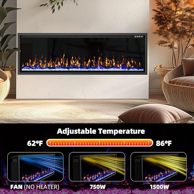 60'' Luxury Electric Fireplace – Wall Mounted & Recessed, Ultra-Slim Design - Image 3