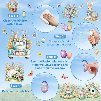 9 Sheets Easter Window Clings Decor, Bunny & Egg Window Stickers, Spring Decorations for Home, Office, Classroom, Holiday Decals for Glass Windows & Doors