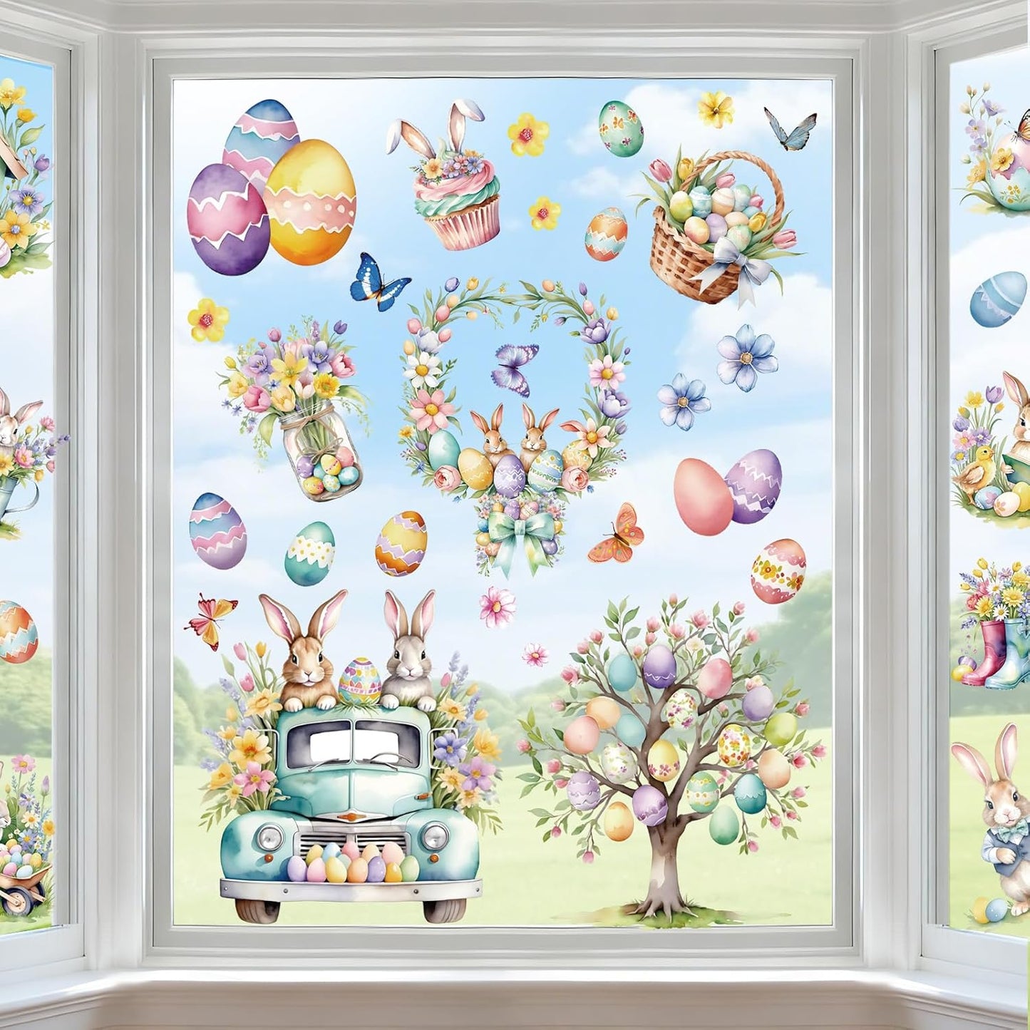 9 Sheets Easter Window Clings Decor, Bunny & Egg Window Stickers, Spring Decorations for Home, Office, Classroom, Holiday Decals for Glass Windows & Doors
