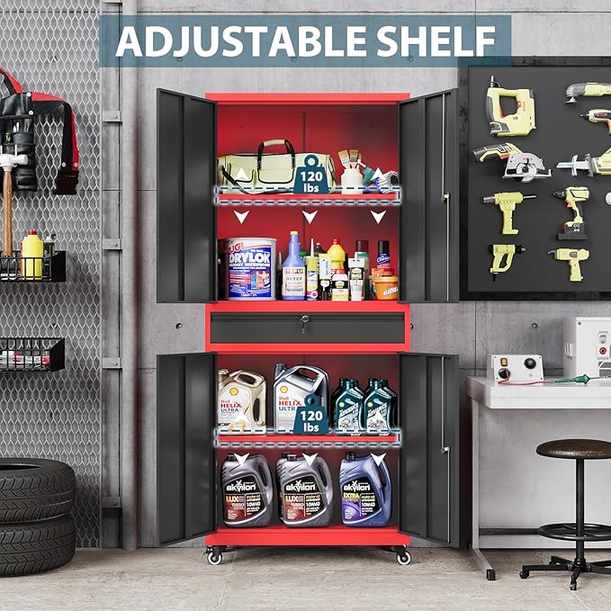 MIIIKO Storage Cabinet with Wheels, Metal Garage Cabinet with Drawer and Doors - Image 5