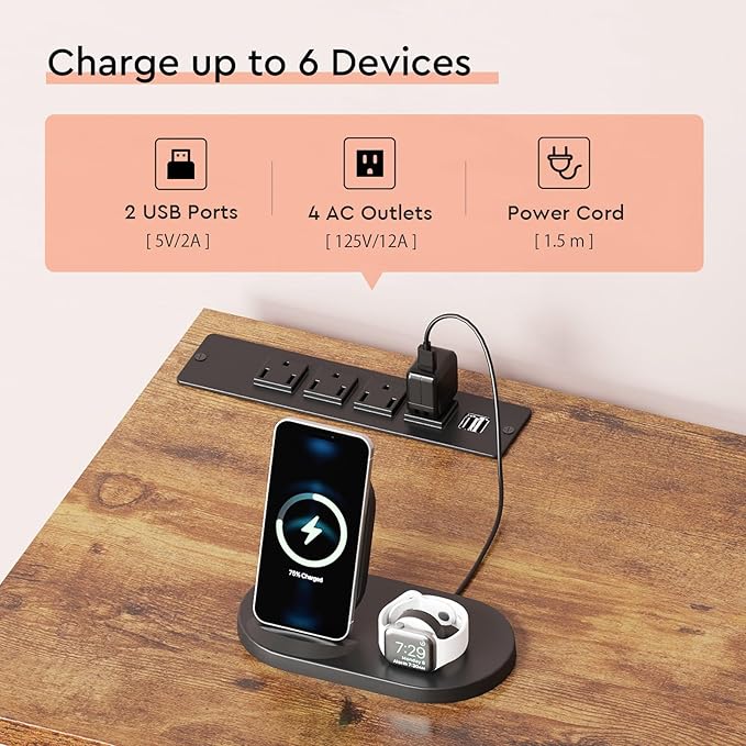 6 Drawer File Cabinet with Charging Station Rolling Printer Stand with Open - Image 5