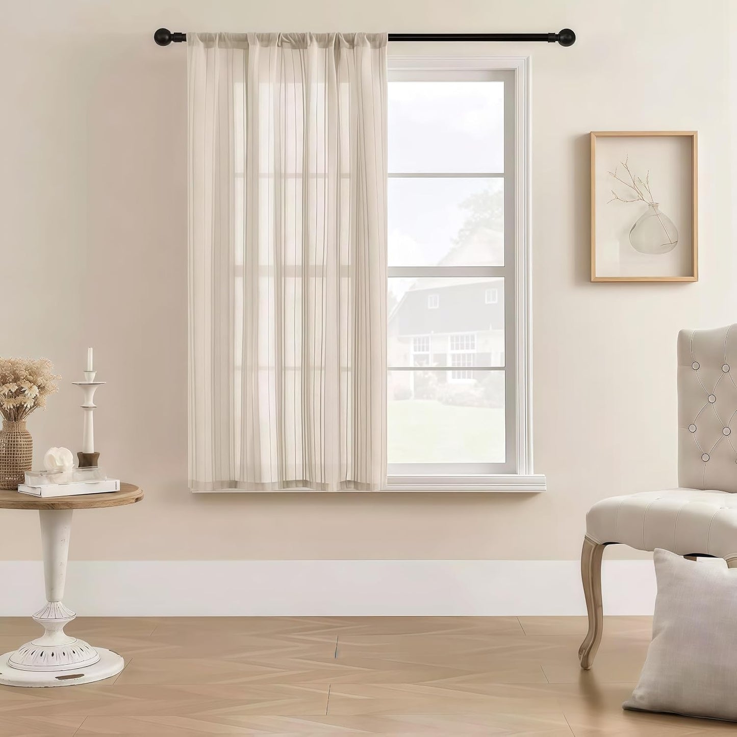 Gxi Beige Striped Sheer Curtain Tie Up Balloon Curtain for Kitchen Bathroom | Rod Pocket Farmhouse Linen Voile Valance for Living Room Small Window 1 Panel Width 39 x 47 inches Length