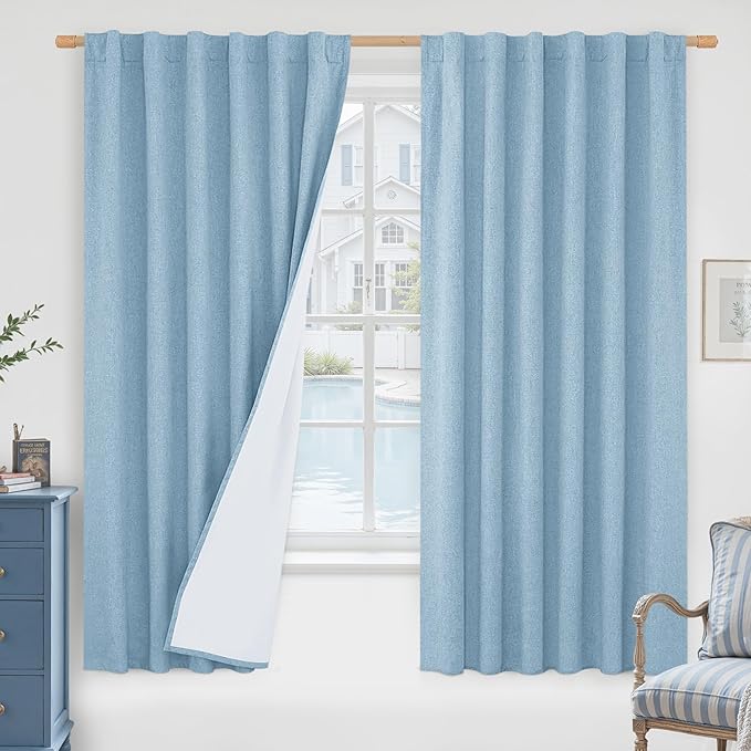 LAMIT 100% Blackout Stone Blue Linen Curtains, 63 Inches Linen Textured Thermal by LAMIT