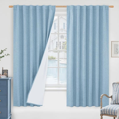 LAMIT 100% Blackout Stone Blue Linen Curtains, 63 Inches Linen Textured Thermal by LAMIT