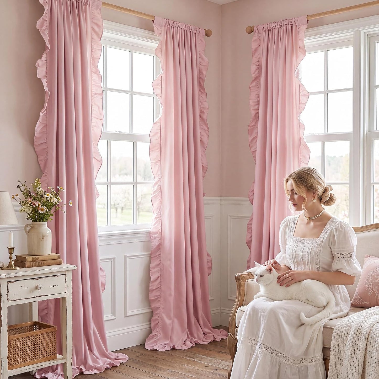 Pink Ruffle Curtains 52x90 Long 2 Panels for Girls Room | Vintage Shabby Chic Romantic Drapes for Nursery, Light Filtering Privacy Window Treatments for Vanity Room, Bathroom