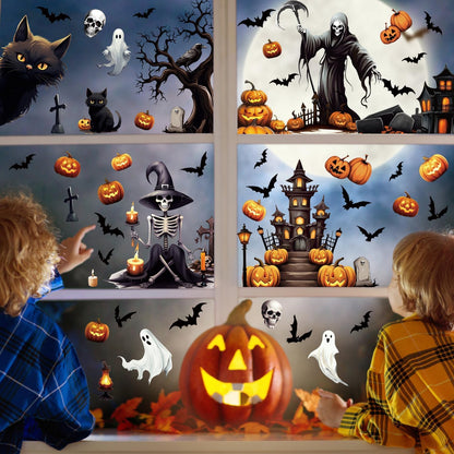 SULOLI 8 Sheets Halloween Window Clings, Scary Halloween Window Stickers Removable Double Sided Halloween Black Window Decals for Glass Window Halloween Decoration