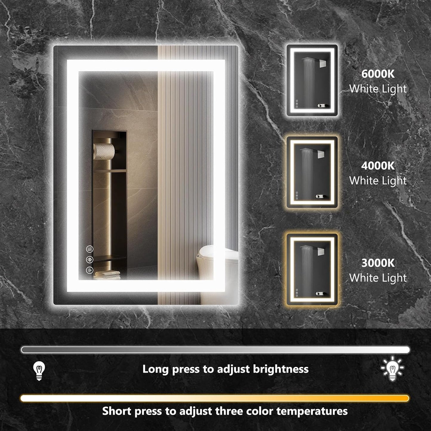 Sweetcrispy 24"x 32" Rectangle LED Bathroom Mirror,Front Light and Backlit, Adjustable Lights and Smart Memory Functionr - Enhanced Anti-Fog Feature, Pure White