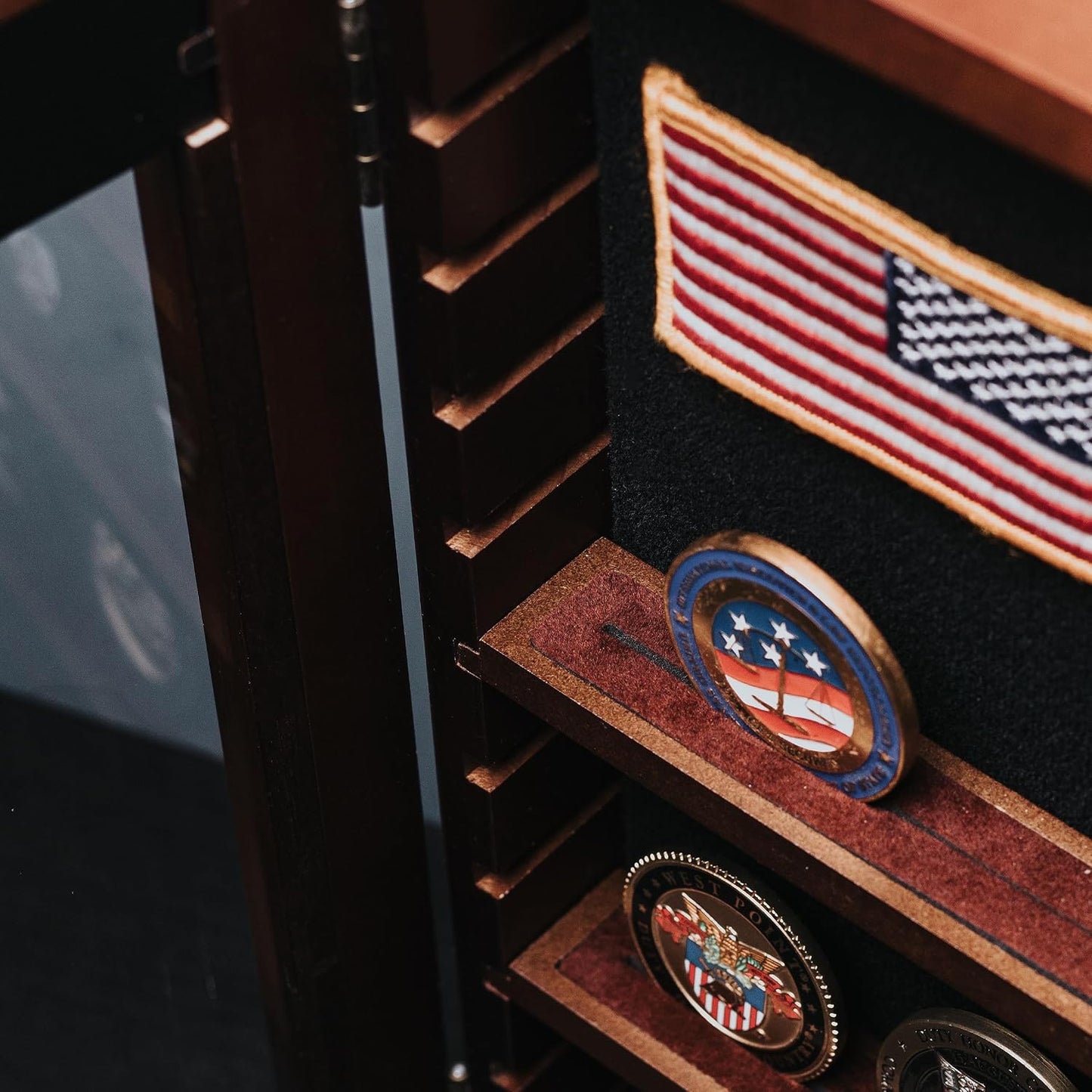 Treevers Large Challenge Coin Display Case - Pride of Service Engraved Edition - 17-Slot Military Shadow Box for Army, Navy & Police - Solid Wood Cabinet with Lockable Crystal-Clear Door & Wall Mount