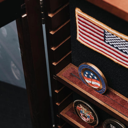 Treevers Large Challenge Coin Display Case - Pride of Service Engraved Edition - 17-Slot Military Shadow Box for Army, Navy & Police - Solid Wood Cabinet with Lockable Crystal-Clear Door & Wall Mount