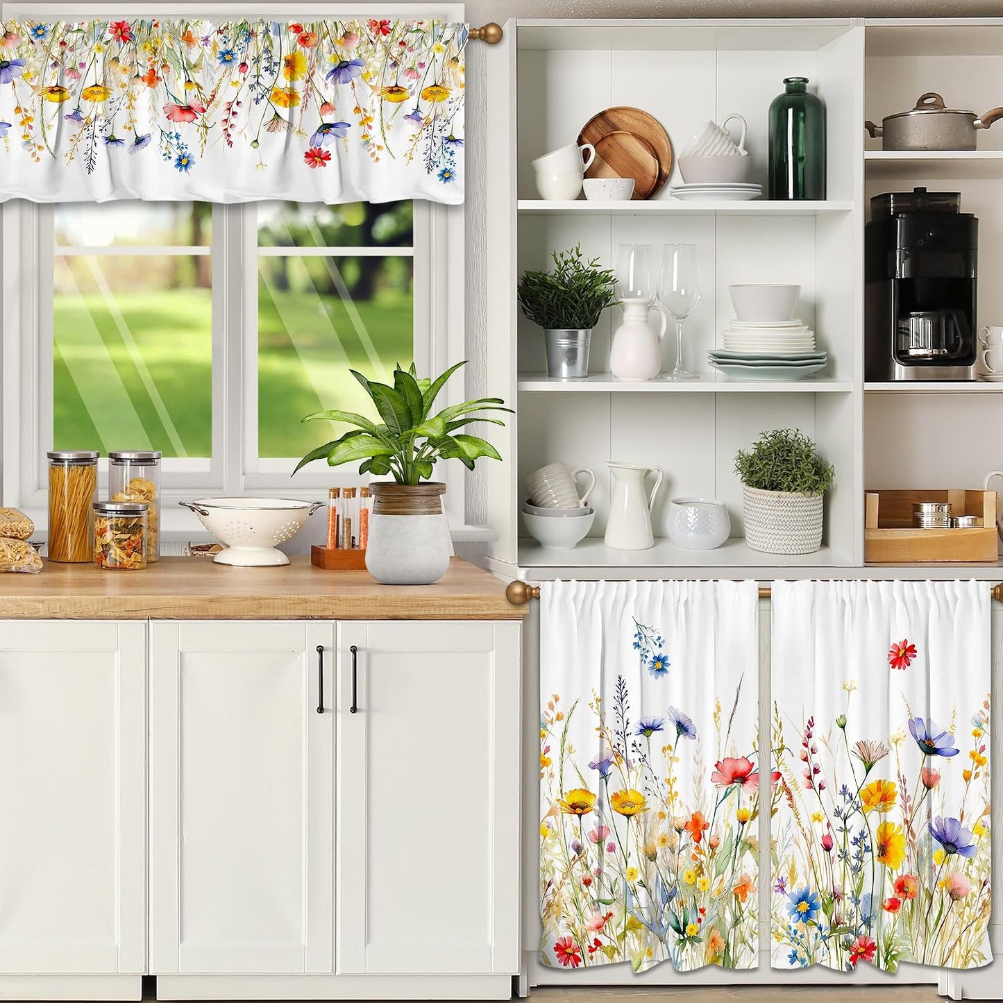 3 Piece Spring Kitchen Curtains and Valances Set for Window | Summer Floral Cafe Curtain 36 Inch Length Black & White Buffalo Plaid Kitchen Decor