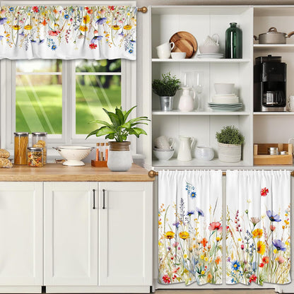 3 Piece Spring Kitchen Curtains and Valances Set for Window | Summer Floral Cafe Curtain 36 Inch Length Black & White Buffalo Plaid Kitchen Decor