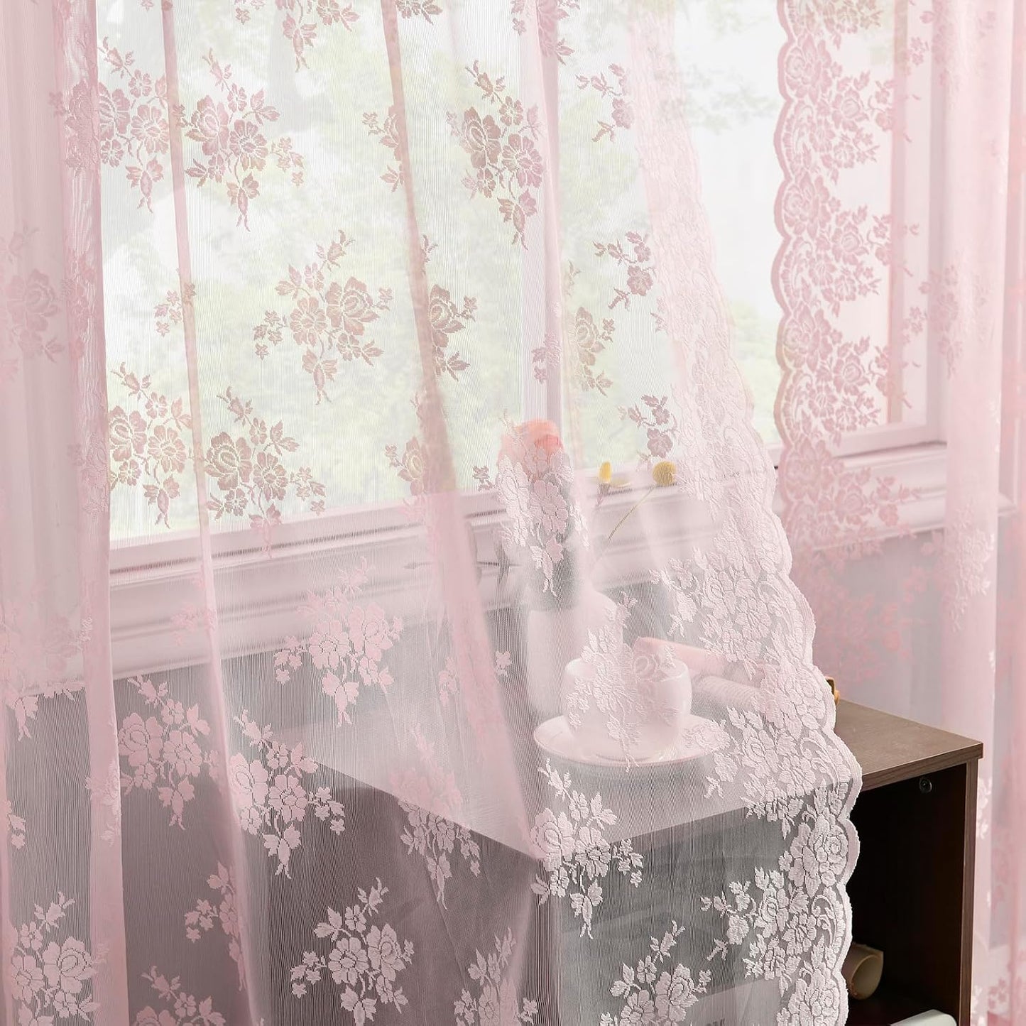 Kotile Vintage Pink Lace Curtains for Bedroom 42 x 63 Inch, 2 Panels | Rod Pocket, Knitted Openwork Texture, Softened Daylight, Soft Whimsical Mood, Versatile Mid-Length Look, Privacy