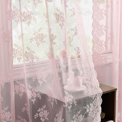 Kotile Vintage Pink Lace Curtains for Bedroom 42 x 63 Inch, 2 Panels | Rod Pocket, Knitted Openwork Texture, Softened Daylight, Soft Whimsical Mood, Versatile Mid-Length Look, Privacy