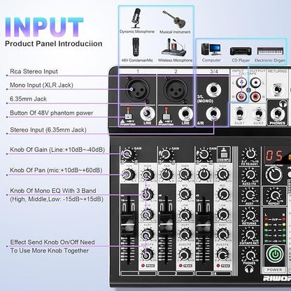 4 Channel Audio Interfacer DJ Mixer Sound Board 16-Bit DSP Effect USB Audio - Image 2