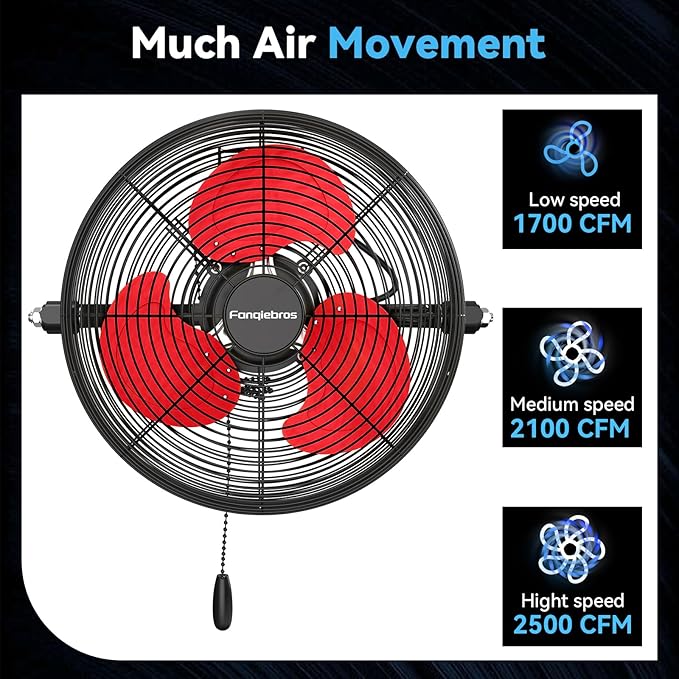 Fanqiebros 12 IN High Velocity Wall Mount Fan, 3 Speed Industrial Wall Fan - Image 3