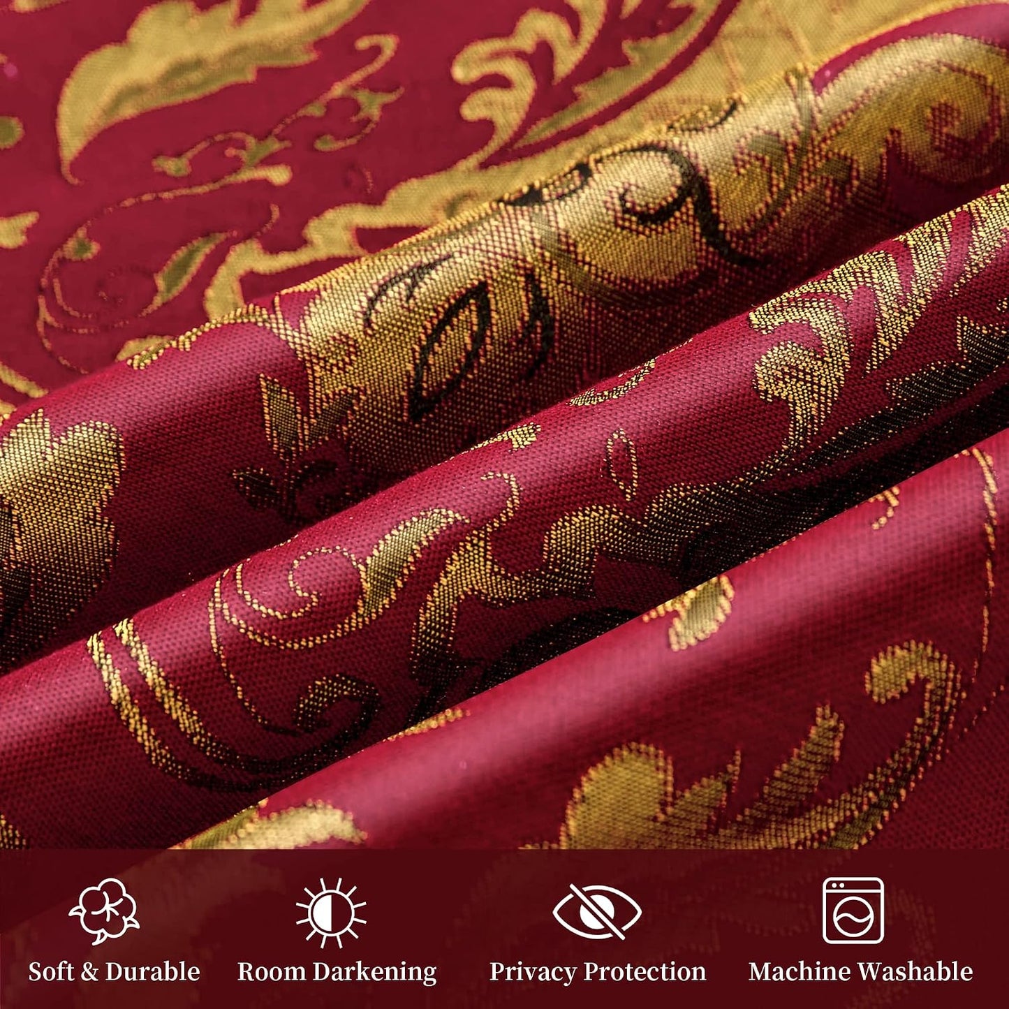 Loom and Mill Luxury Red Damask Curtains for Bedroom, 2 Panels, 52"W x 96"L | Textured Lined Jacquard Curtain Panels with Tiebacks, Window Curtain for Living Room Banquet Christmas Decoration, Rod Pocket