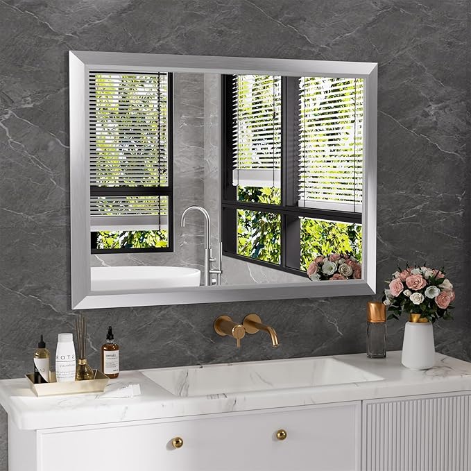 Amorho 40x30 Inch Bathroom Mirror Silver, Thick Metal Framed Wall Mirrors by Amorho