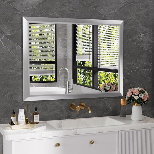 Amorho 40x30 Inch Bathroom Mirror Silver, Thick Metal Framed Wall Mirrors by Amorho