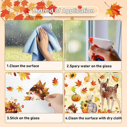 Fall Woodland Animals Window Clings, 9 Sheets 68 Pcs | Autumn Window Stickers Squirrel Fox Rabbit Decals for Fall Harvest Home Party Window Decorations