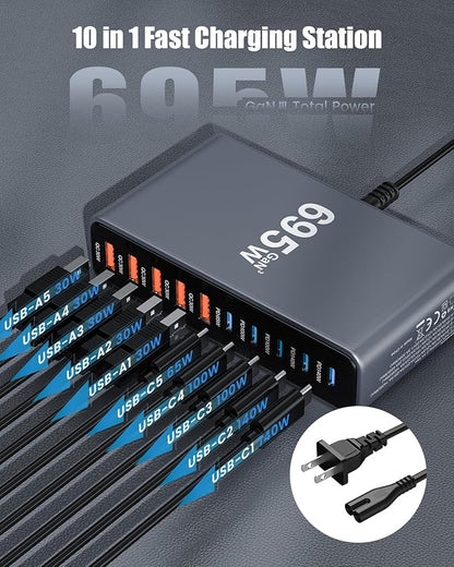 695W USB C Charger Block, 10-Port USB C Charging Station GaN IV Travel - Image 5