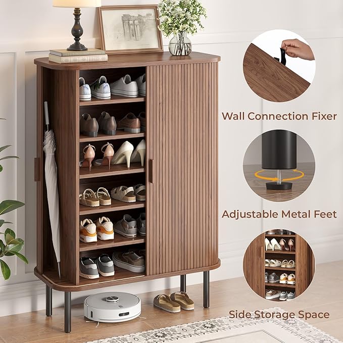 Shoe Storage Cabinet with Adjustable Shelves, 6-Tier Mid-Century Modern Shoe - Image 5