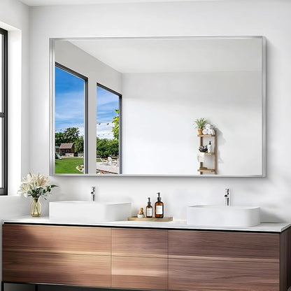 Silver Bathroom Mirror, 36x55 Inch Rectangular Deep Frame Mirror, Large Wall - Image 2
