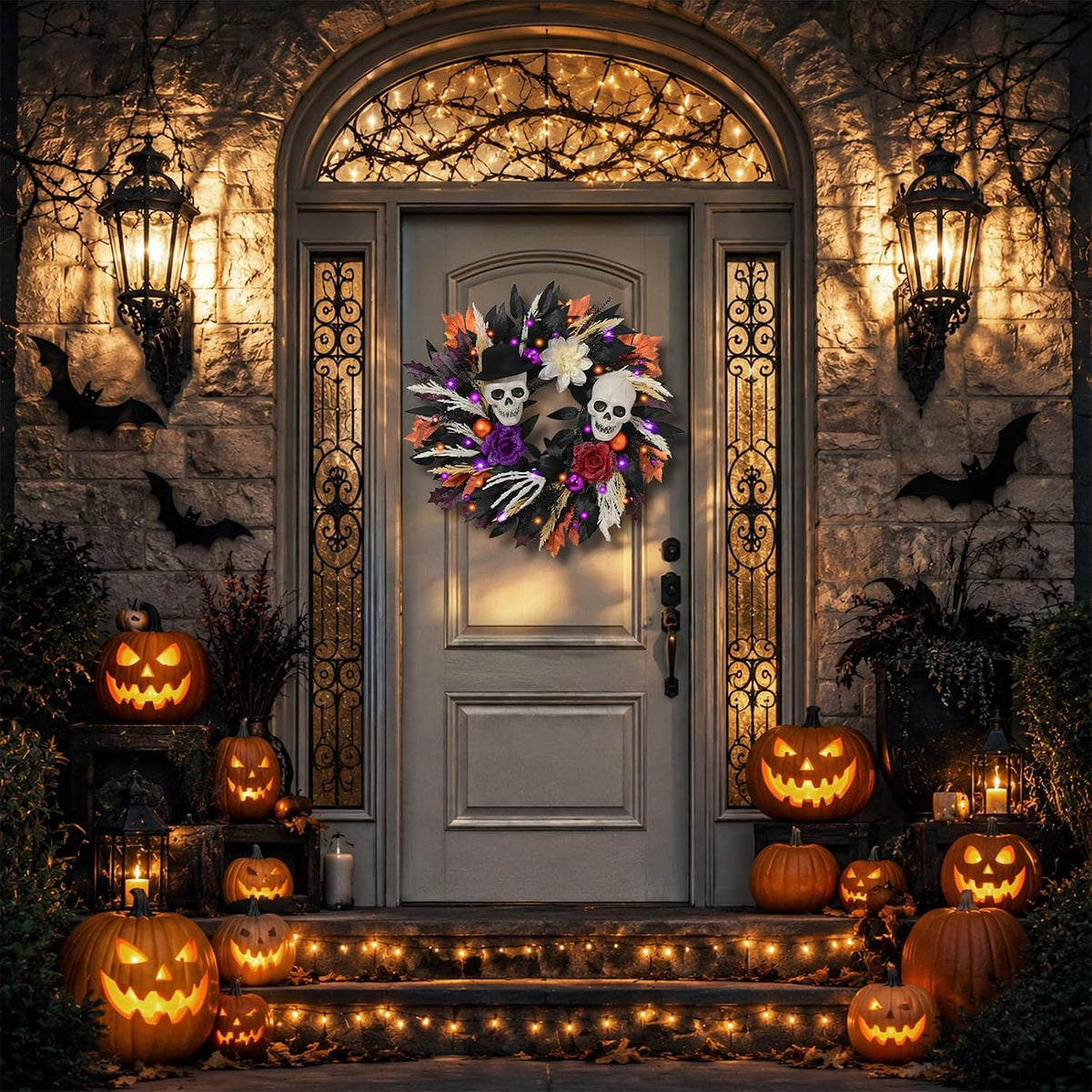 Waipfaru 2Pcs 24 Inch Halloween Wreath for Front Door Halloween Door Wreath