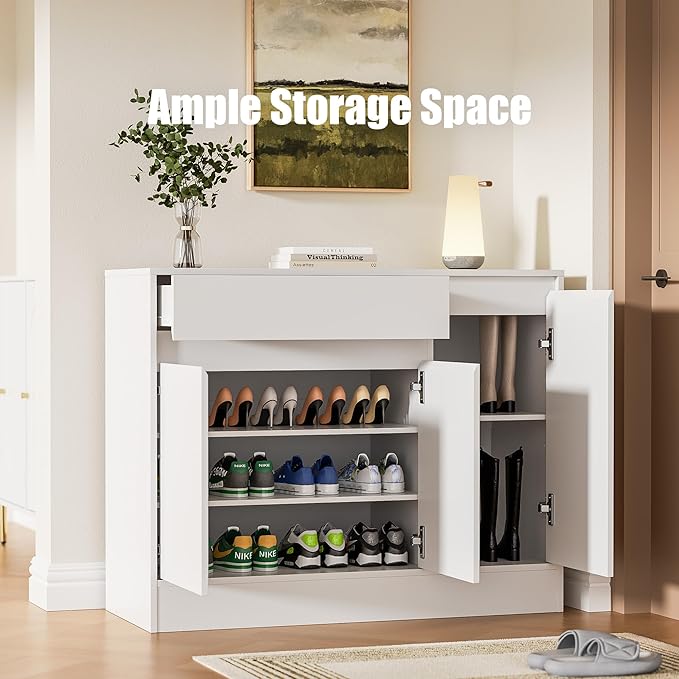 Shoe Cabinet Storage with 3 Doors, Freestanding Shoe Cabinet with Drawer & - Image 5