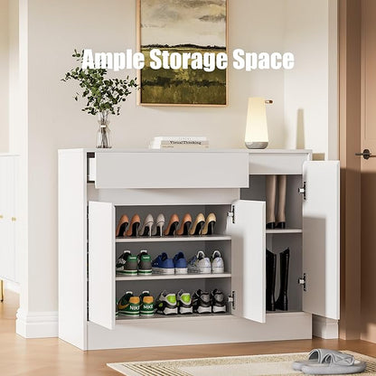 Shoe Cabinet Storage with 3 Doors, Freestanding Shoe Cabinet with Drawer & - Image 5