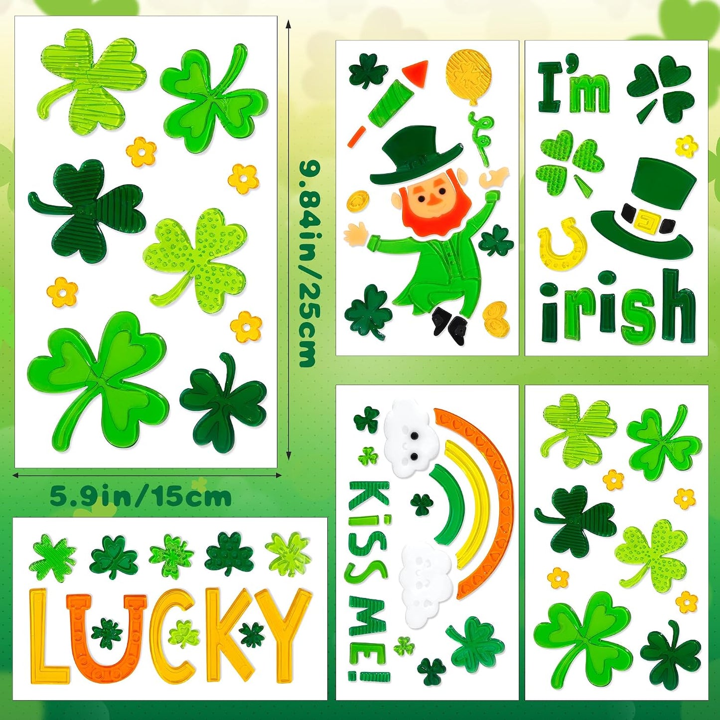 6 Pcs St Patricks Day Window clings–Reusable Window Cling for Glass Windows | Reusable window stickers for window clings with Shamrock Irish Rainbow Gnome Gel Window Clings for St Patrick Day Decorations