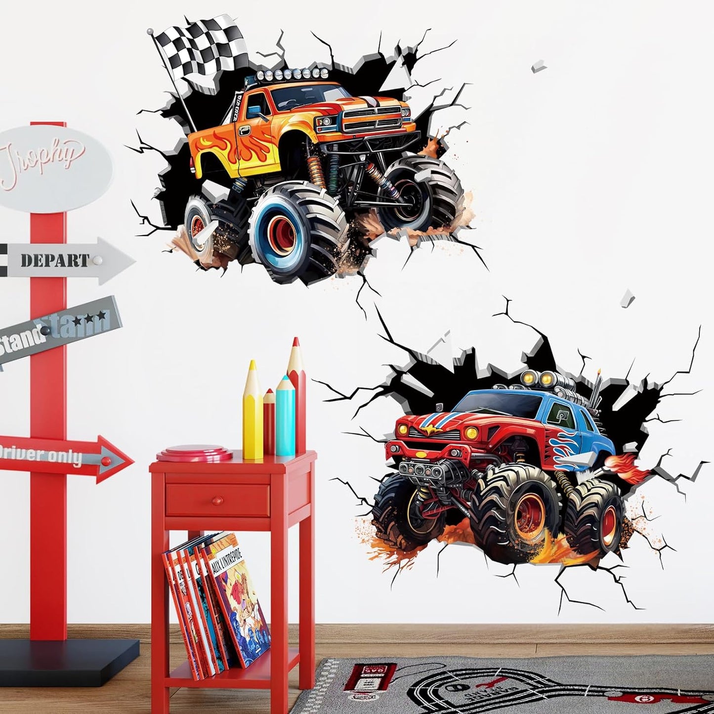 decalmile 2 Racing Cars Trucks Break Through Wall Decals Stickers