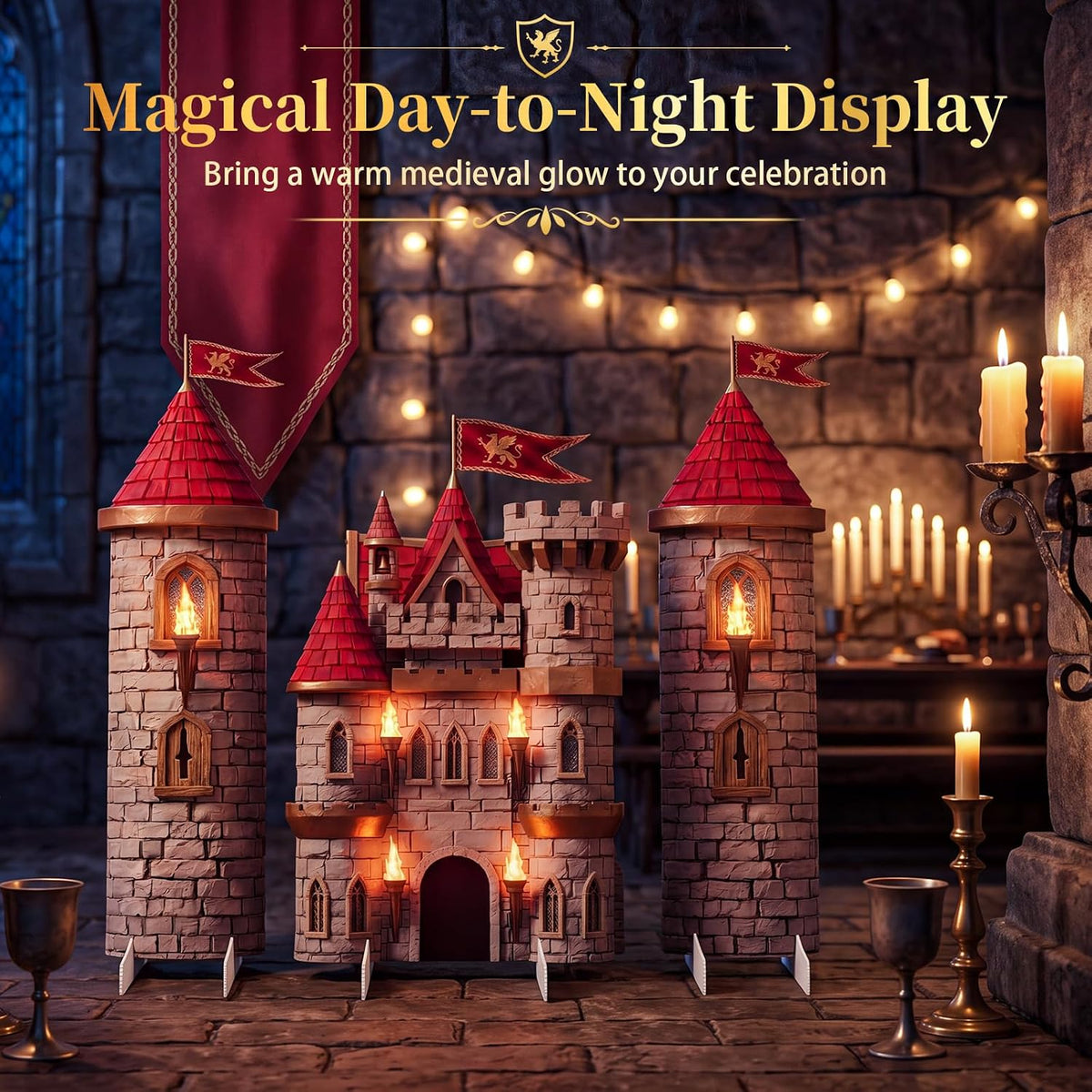 Novabright 3 Pcs Medieval Castle Backdrop Stand with Bases, Large Stone Knigh...