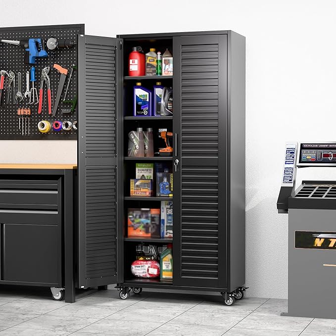 Garage Storage Cabinet with Wheels, Lockable Metal Storage Cabinet with 5 - Image 2