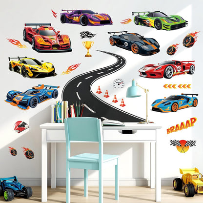 DECOWALL Race Cars & Track Wall Decals Stickers for Kids Bedroom (SG2-2517) | Peel and stick removable Grand Prix decor with sports vehicles, flags, trophy, flames and road for playroom and nursery space